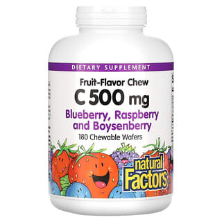 Natural Factors, Vitamina C masticable con sabor a fruta, Arándano azul, frambuesa y baya de Boysen, 500 mg, 180 obleas masticables