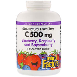 Natural Factors, Vitamina C masticable 100% natural, arándano azul, frambuesa y baya de cereza, 500 mg, 180 obleas masticables