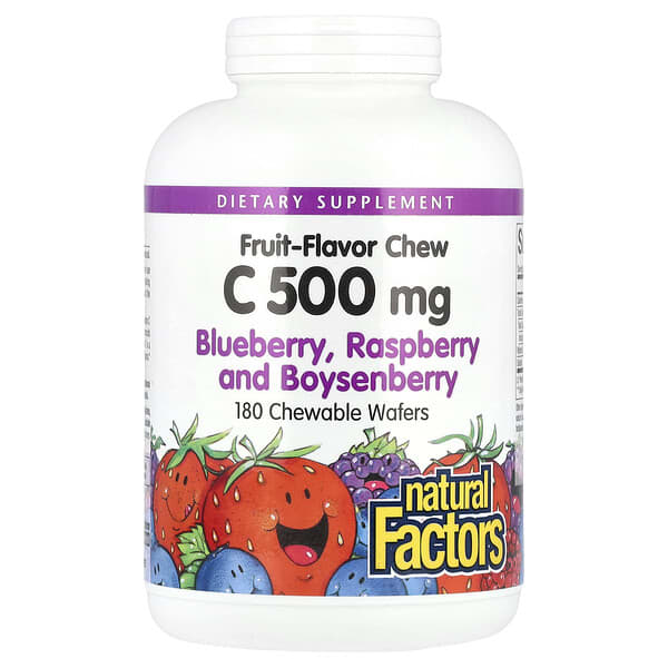 Natural Factors Fruit-Flavor Chew Vitamin C, Blueberry, Raspberry and Boysenberry, 500 mg, 180 Chewable Wafers