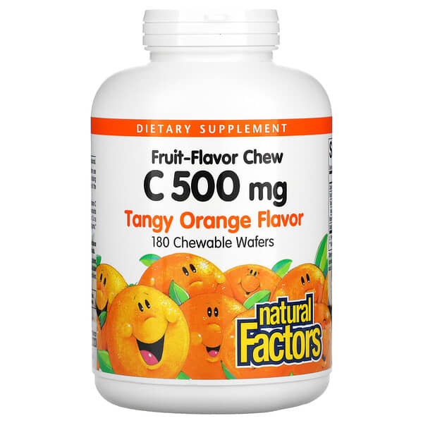 Natural Factors, Vitamine C à croquer aux arômes de fruits, Orange acidulée, 500 mg, 180 comprimés à croquer