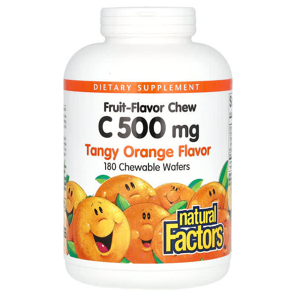 Natural Factors Vitamin C Fruit-Flavor Chew, Tangy Orange, 500 mg, 180 Chewable Wafers