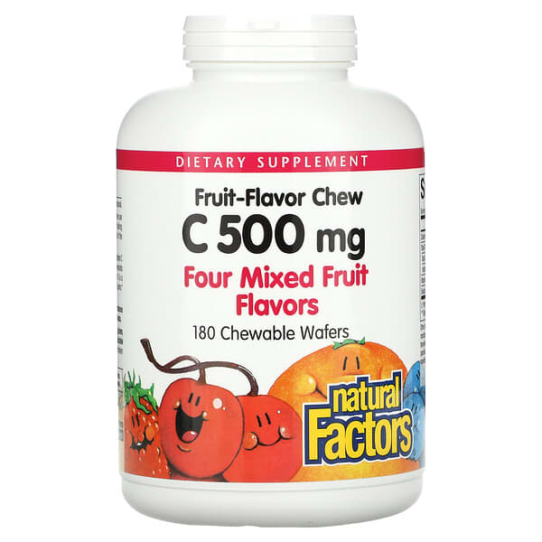 Natural Factors‏, Fruit-Flavor Chew Vitamin C, Four Mixed Fruit Flavors, 500 mg, 180 Chewable Wafers