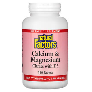 Natural Factors, Calcio y citrato de magnesio con D3, 180 comprimidos