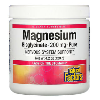Natural Factors, Bisglicinato de Magnésio, Puro, 200 mg, 120 g (4,2 oz)