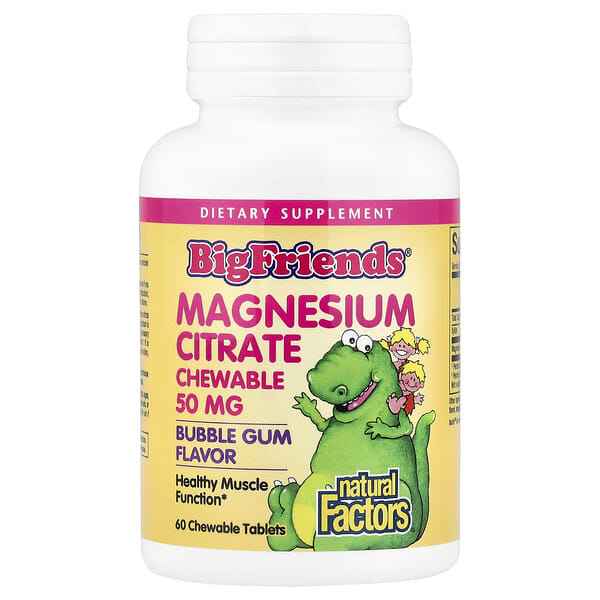 Natural Factors, Big Friends®, magnesiumcitraat, kauwgom, 50 mg, 60 kauwtabletten