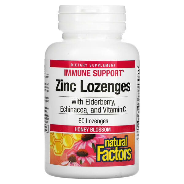 Natural Factors, Zinco Lonzenges, com Sabugueiro, Echinacea e Vitamina C, Flor de Mel, 60 Pastilhas
