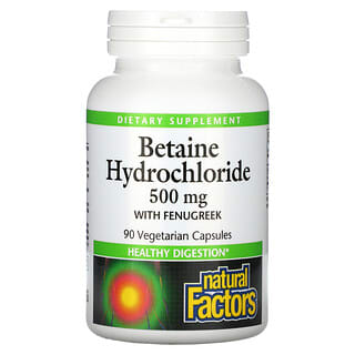 Natural Factors, Clorhidrato de betaína con fenogreco, 500 mg, 90 cápsulas vegetales