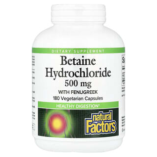 Natural Factors, Clorhidrato de betaína con fenogreco, 500 mg, 180 cápsulas vegetales