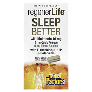 Natural Factors, RegenerLife, dormire meglio con melatonina, L-teanina e sostanze vegetali, 60 compresse a tre strati