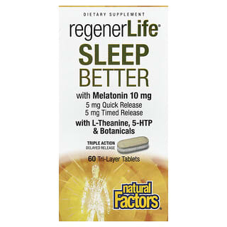 Natural Factors, RegenerLife, Melatonin, L-Theanine və Botanicals ilə daha yaxşı yuxu, 60 Tri Layer Tabletləri