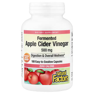 Natural Factors, Oțet de mere fermentat, 500 mg, 180 de capsule ușor de înghițit