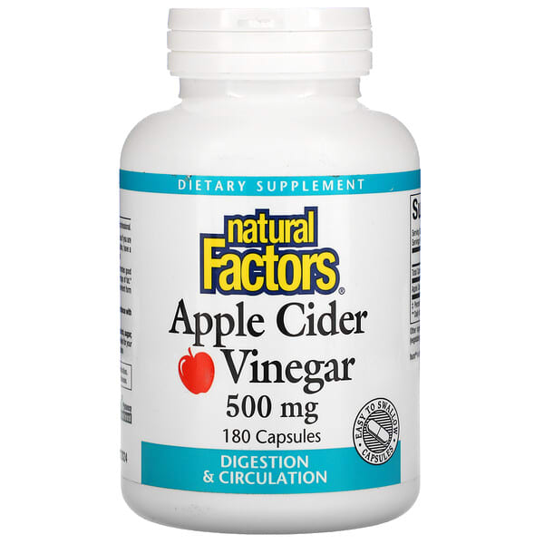 Natural Factors, アップルサイダービネガー／ヴィネガー（リンゴ酢）, 500 mg, 180カプセル