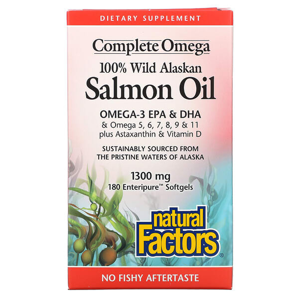 Natural Factors‏, 100% Wild Alaskan Salmon Oil, 1300 mg , 180 Enteripure Softgels