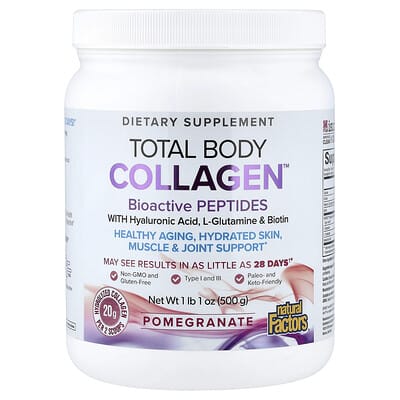 Natural Factors, Whole Body Collagen, Bioactive Peptides, Pomegranate Flavor, 1 lb 1 oz (500 g)