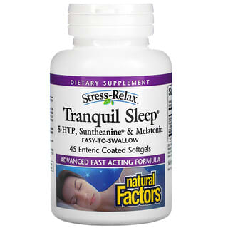 Natural Factors, Stress-Relax（ストレスリラックス）、Tranquil Sleep（トランキルスリープ）、5-HTP、Suntheanine（サンテアニン）＆メラトニン、腸溶性コーティングソフトジェル45粒