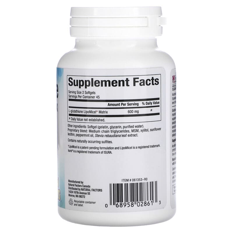 glutathione natural factors Glutathione LipoMicel Matrix ، 300 ملجم ، 90 كبسولة هلامية