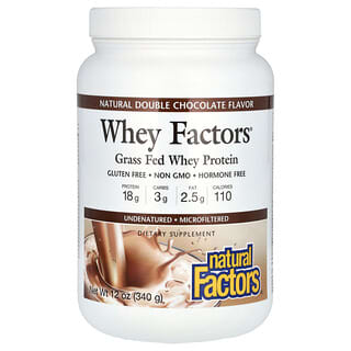 Natural Factors, Whey Factors®, сывороточный протеин травяного откорма, натуральный двойной шоколад, 340 г (12 унций)
