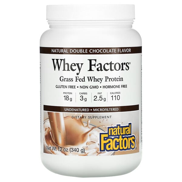 Natural Factors, Whey Factors（ホエイファクターズ）、グラスフェッド（牧草飼育）ホエイタンパク質、天然ダブルチョコレート味、340g（12オンス）
