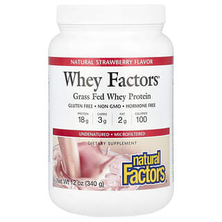 Natural Factors, Whey Factors, Protéines de lactosérum nourries à l'herbe, Fraise naturelle, 340 g