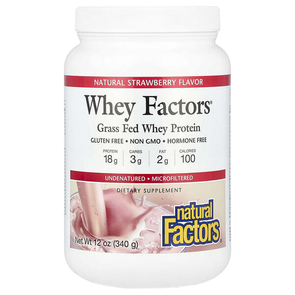 Natural Factors, Whey Factors, 목초 사육 유청 단백질, 천연 딸기, 340g(12oz)