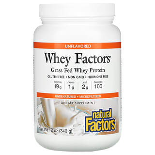 Natural Factors, Whey Factors, Protéines de lactosérum nourries à l'herbe, Sans arôme, 340 g