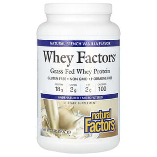 Natural Factors, Fatores de Whey, Proteína Whey Alimentada com Grama, Sabor Natural de Baunilha Francesa, 907 g (2 lb)