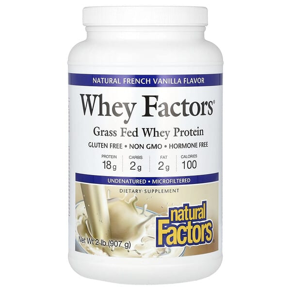Natural Factors, Whey Factors, 목초 사육 유청 단백질, 천연 프렌치 바닐라 맛, 907g(2lb)