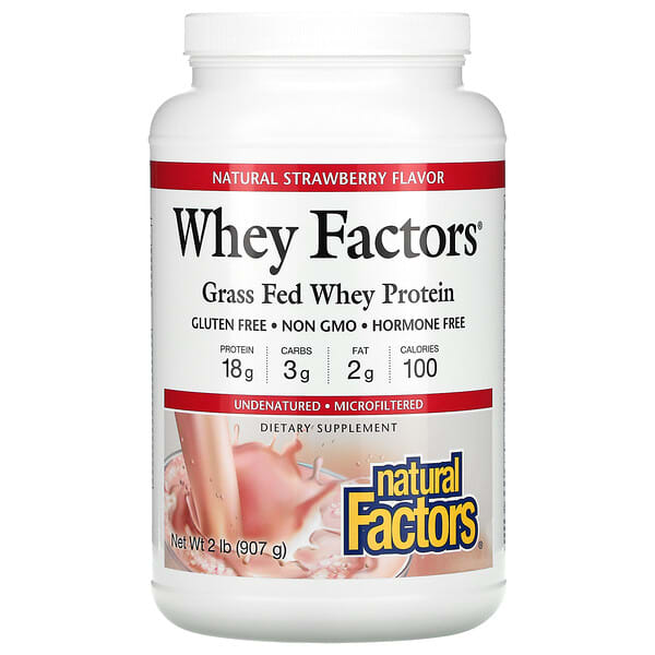 Natural Factors, Whey Factors（ホエイファクターズ）、グラスフェッド（牧草飼育）ホエイタンパク質、天然ストロベリー味、907g（2ポンド）