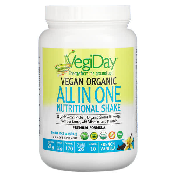 Natural Factors, VegiDay, Batido nutricional orgánico todo en uno vegano, Vainilla francesa, 430 g (15,2 oz) (Producto descontinuado) 