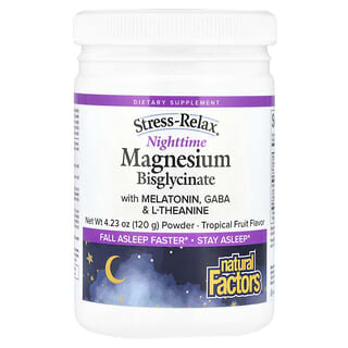 Natural Factors, Stress-Relax®, Poudre de bisglycinate de magnésium pour la nuit avec mélatonine, gaba et L-théanine, Fruits tropicaux, 120 g