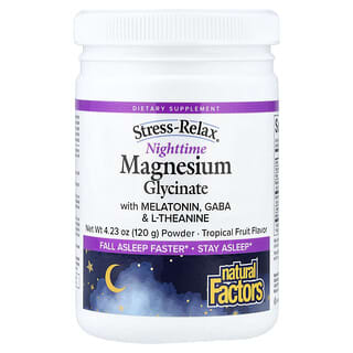 Natural Factors, Stress-Relax®, Poudre de bisglycinate de magnésium pour la nuit avec mélatonine, gaba et L-théanine, Fruits tropicaux, 120 g