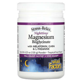 Natural Factors, Stress-Relax, Bisglicinato de magnesio con melatonina, gaba y L-teanina durante la noche, Fruta tropical, 120 g (4,23 oz)