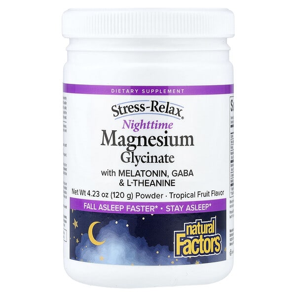Natural Factors, Stress-Relax®, Nighttime Magnesium Glycinate Powder with Melatonin, Gaba & L-Theanine, Tropical Fruit, 4.23 oz (120 g) — product photo 1