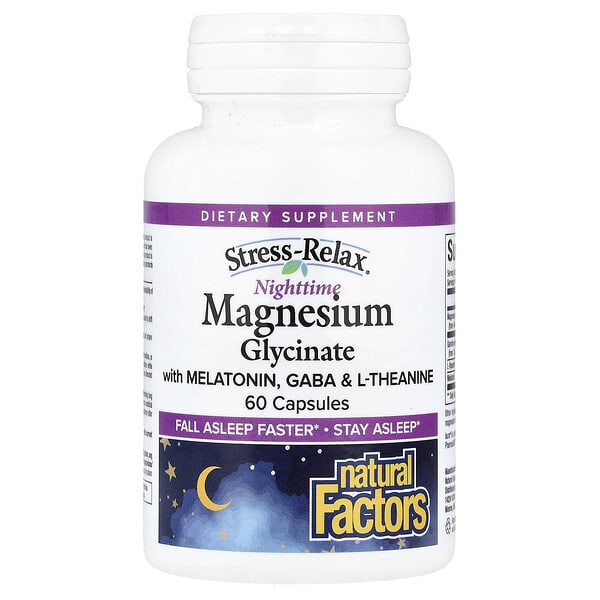Natural Factors Stess-Relax®, Nighttime Magnesium Glycinate With Melatonin, GABA & L-Theanine, 60 Capsules
