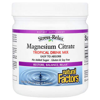 Natural Factors, Stress-Relax®, Citrate de magnésium en poudre, Mélange à boire aromatisé aux fruits tropicaux, 250 g