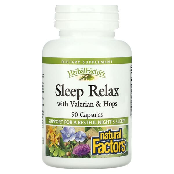 Natural Factors, Sleep Relax, заспокійлива добавка з валеріаною та хмелем, 90 капсул