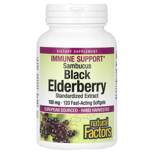 Natural Factors Sambucus Black Elderberry, 100 mg, 120 Fast-Acting Softgels