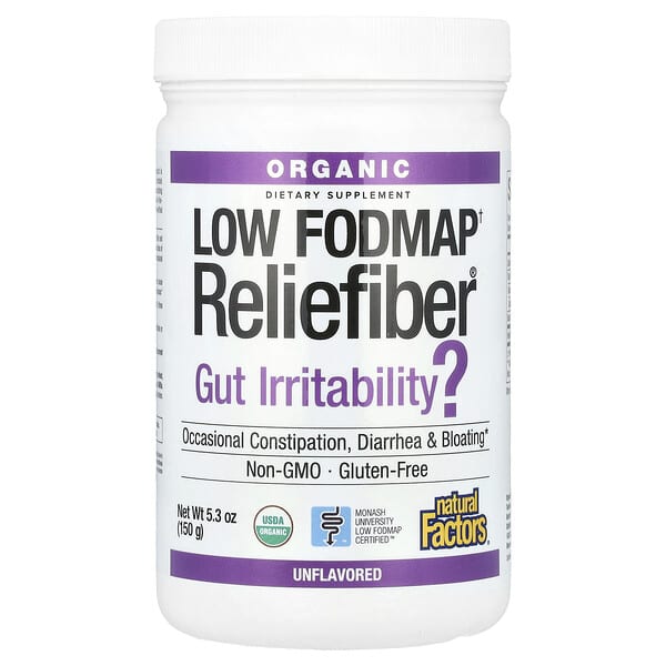 Natural Factors, Low Fodmap† Reliefiber®, Suplemento probiótico de fibra alimentaria orgánica, Sin sabor, 150 g (5,3 oz)