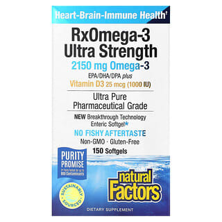 Natural Factors, Ultra Strength, RxOmega-3, с витамином D3, 900 мг ЭПК/ДГК (эйкозапентаеновая/докозагексаеновая кислота), 150 гелевых капсул Enteripure
