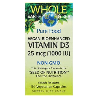 Natural Factors, Whole Earth & Sea, Vitamine D3 vegan et bioaméliorée, 25 µg (1000 UI), 90 capsules végétariennes