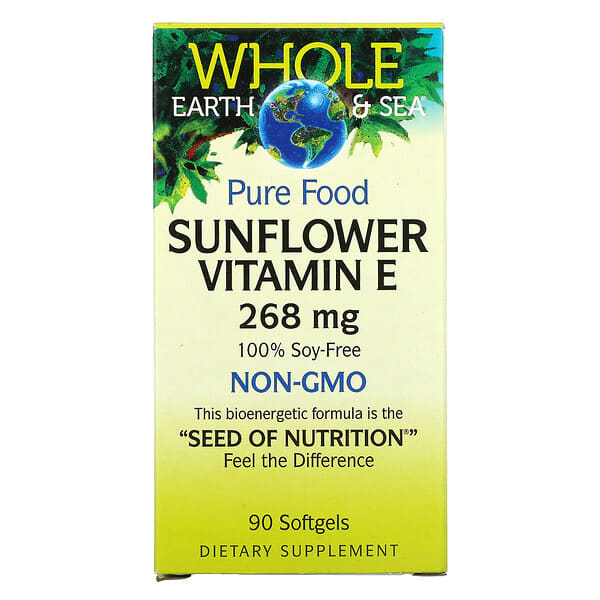 Natural Factors, Whole Earth & Sea（ホールアース＆シー）、ひまわりビタミンE、268mg、ソフトジェルカプセル90粒