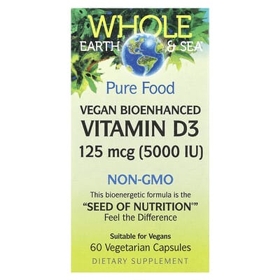 Natural Factors, Whole Earth & Sea®, Vegan Bioenhanced Vitamin D3, 125 mcg (5,000 IU), 60 Vegetarian Capsules