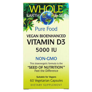 Natural Factors, Whole Earth & Sea, Vitamina D3 vegana bioenhanced, 5000 UI, 60 cápsulas vegetales