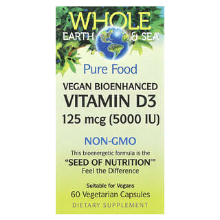 Natural Factors, Whole Earth & Sea, Vitamine D3 vegan et bioaméliorée, 5000 UI, 60 capsules végétariennes