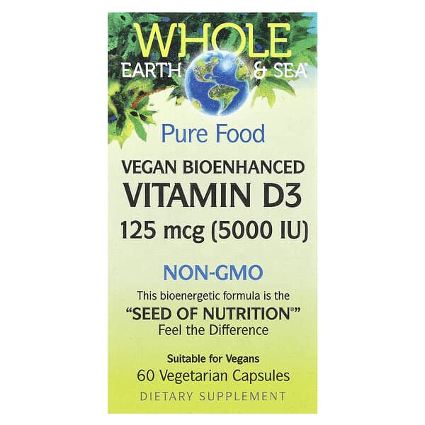 Natural Factors Whole Earth & Sea®, Vegan Bioenhanced Vitamin D3, 125 mcg (5000 IU), 60 Vegetarian Capsules