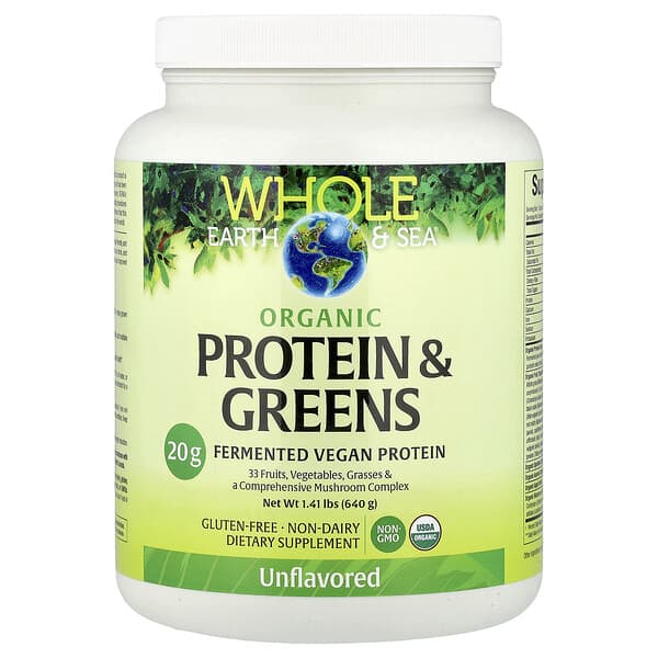 Natural Factors, Whole Earth & Sea®, Organic Protein & Greens, Unflavored, 1.41 lbs (640 g) — product photo 1