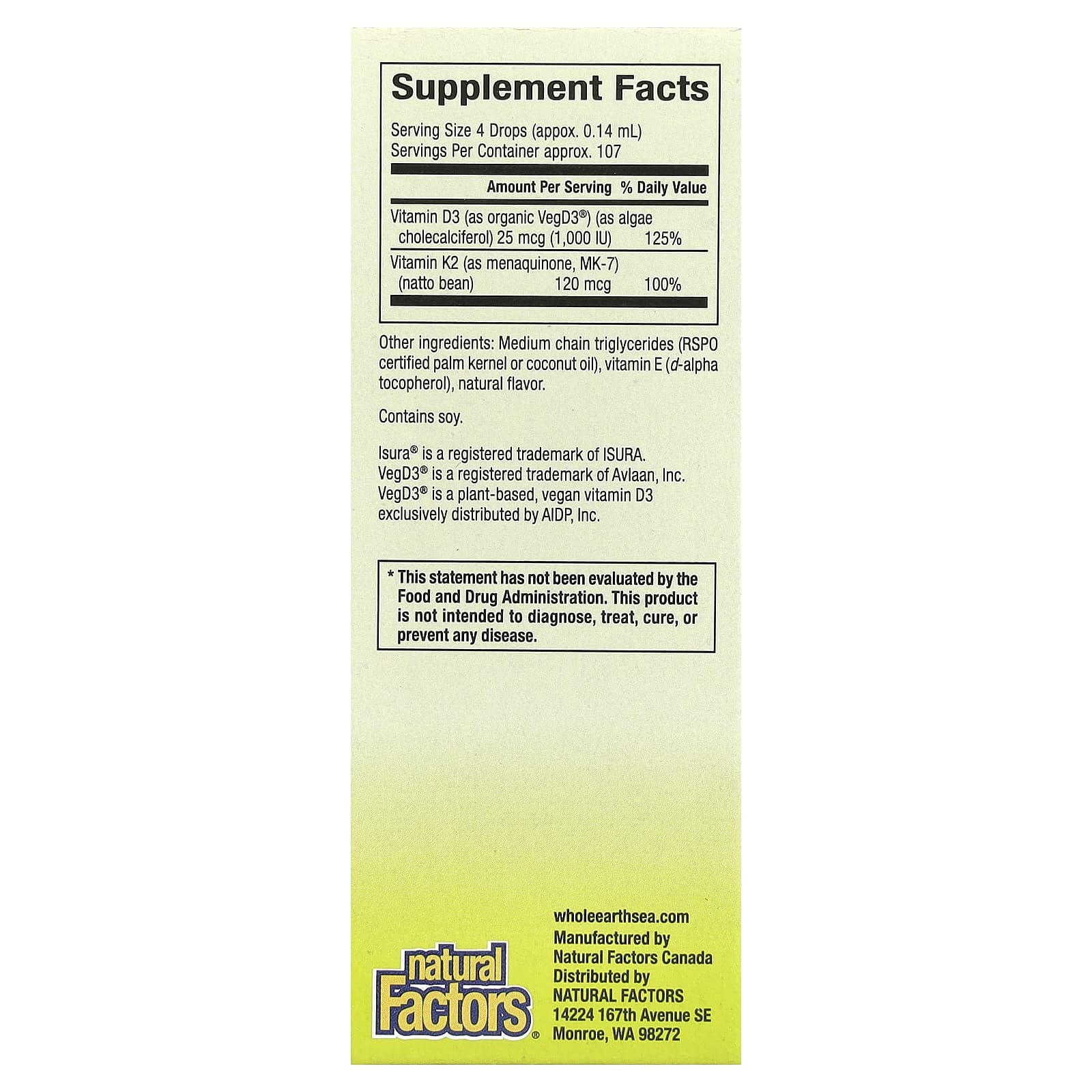 Natural Factors, Whole Earth Sea®, 100 Vegan Vitamin D3 & K2, 100