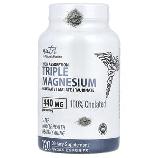 Nature's Fusions, Nutri, Glicinato de triple magnesio, Malato y taurinato, Alta absorción, 440 mg, 120 cápsulas veganas (110 mg por cápsula)