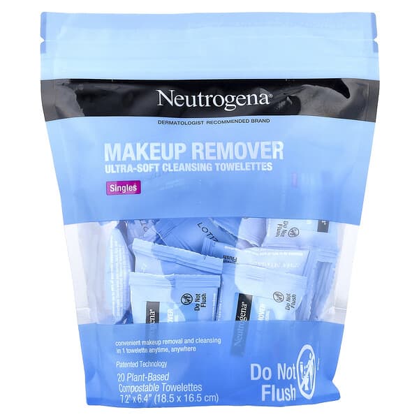 Neutrogena, 卸妝液，超柔軟卸妝溼巾，一包，20 片植物基可降解溼巾