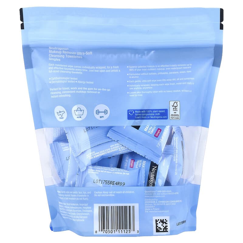 Makeup Remover, Ultra-Soft Cleansing Towelettes, Singles, 20 Plant-Based Compostable Towelettes